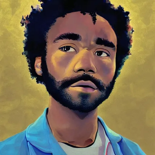 Image similar to donald glover with curly hair, painting on a canvas, anime style, studio ghibli, contemplative, beautiful, surreal, detailed, dreamy