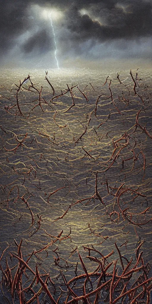 Prompt: thorns in the mud water drip by johfra bosschart sky realistic stormcloud with glimpses of flares