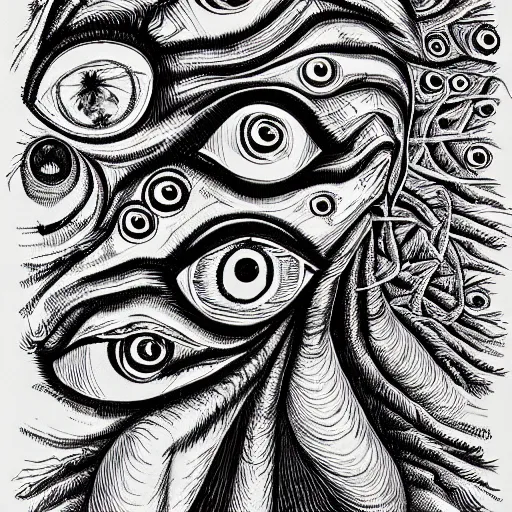 Prompt: hundreds of eyeballs, pen and ink, psychedelic, eerie, surreal, very detailed