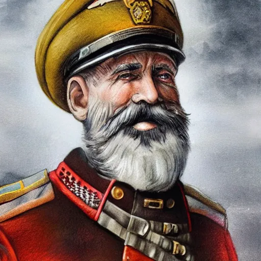 Image similar to a old man in officer suit of russian empire, gray hair and beard, standing near giant yellow dieselpunk ship, colored, photorealistic, high detailed