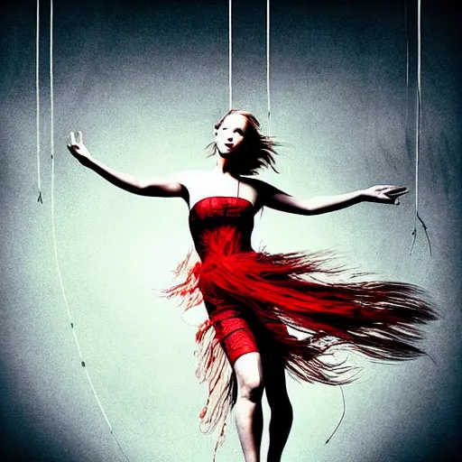 Prompt: dancing Jennifer Lawrence as a puppet strings surrounded by (((red curtains))), medium shot taken from behind, big white strings attached to each wrist from above, by Brooke Shaden, intricate, dystopian, sci-fi, extremely detailed, digital painting, artstation, concept art, smooth, sharp focus, illustration, intimidating lighting, incredible art, details visible, very dark ambiance