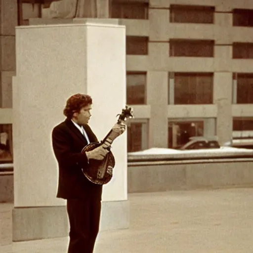 Prompt: George Segal as Jack Gallo from the NBC sitcom just shoot me 1997 is standing outside 30 Rockefeller Plaza holding a Banjo.