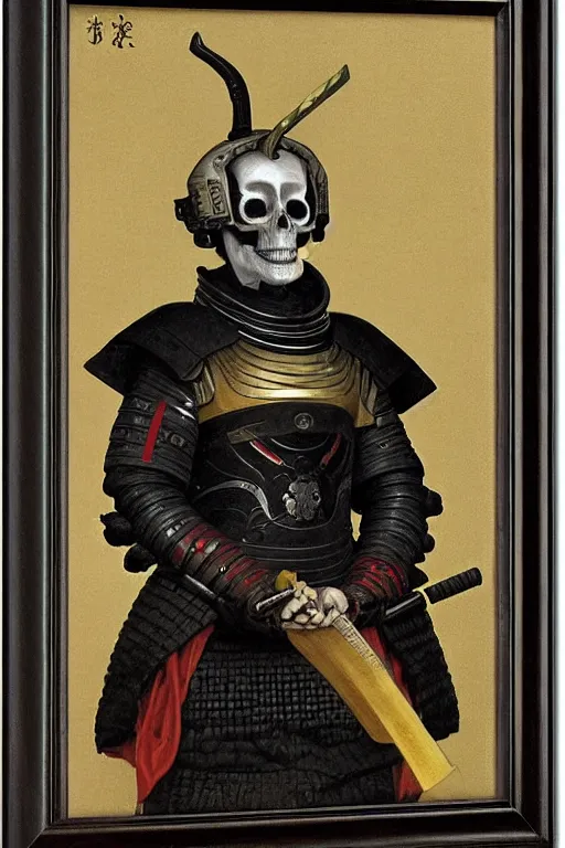 Prompt: portrait of a skull man japanse samurai astronaut with samurai helmets, by bouguereau