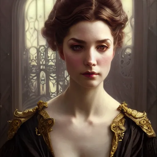 Image similar to portrait painting of an extremely fancy girl with a devious expression, gaslamp fantasy, victorian, ultra realistic, concept art, intricate details, eerie, highly detailed, photorealistic, octane render, 8 k, unreal engine. art by artgerm and greg rutkowski and charlie bowater and magali villeneuve and alphonse mucha