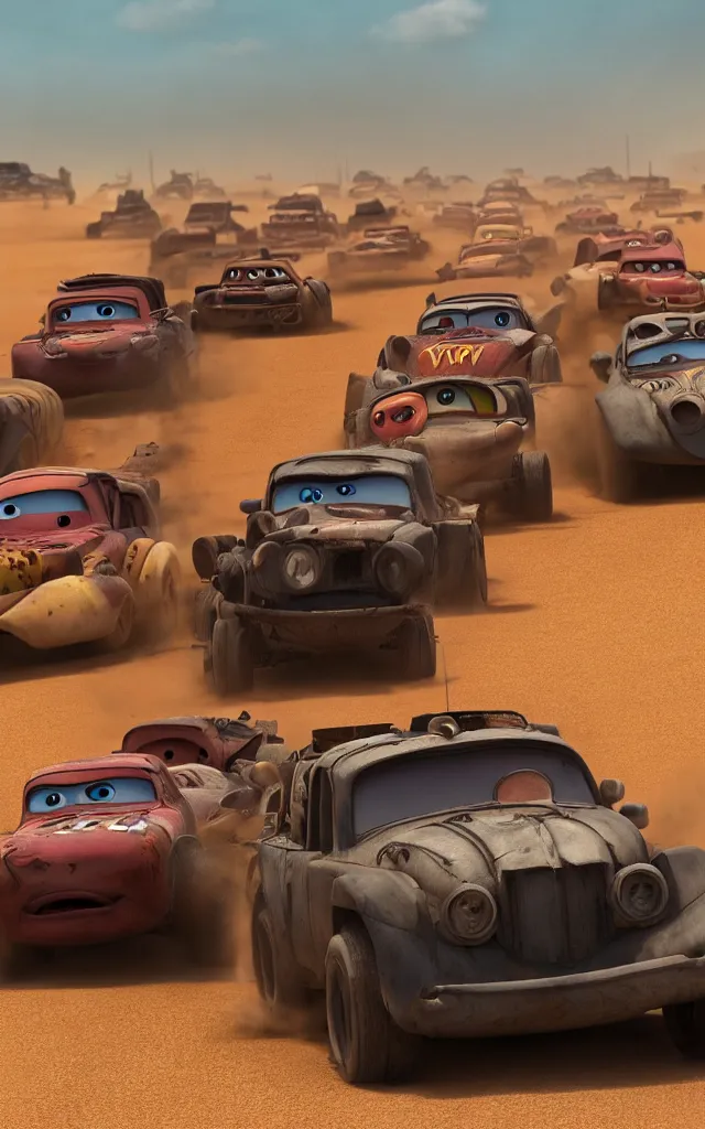 Image similar to pixar cars racing fast in the world of mad max fury road. pixar eyes. 4 k ultra detailed