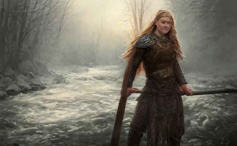 Prompt: epic portrait an female viking washing off her axe in a river, blizzardy winter, foggy, forest and river backround, flowing blonde hair, digital painting, artstation, concept art, soft light, hdri, smooth, sharp focus, illustration, fantasy, intricate, elegant, highly detailed, D&D, matte painting, in the style of Greg Rutkowski and Alphonse Mucha and artemisia, 8k, highly detailed, jurgens, rutkowski, bouguereau, pastoral, rustic, georgic, detailed concept art, illustration, colorful pastel, painting, detail, ultra detailed, digital art, 4K, unreal engine 5, 16k resolution,