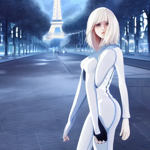 Image similar to platinum - blonde - haired long bob cut blue - eyed princess wearing white leggings and black jacket, standing next to communist monument, futuristic paris, anime, hd anime wallpaper, hyperrealistic lighting, octane render, volumetric lighting, drawn by artgerm