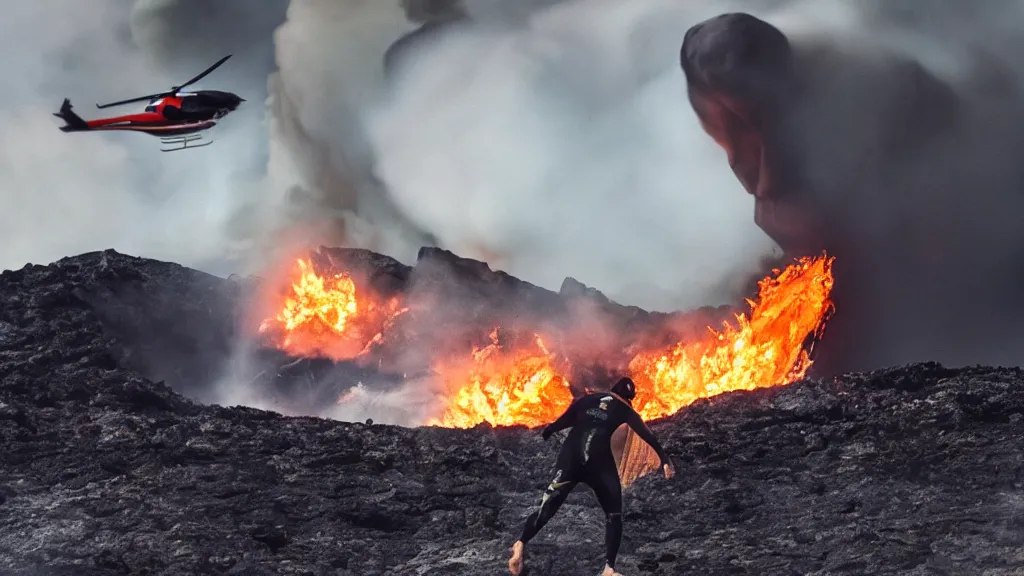 Image similar to person wearing a sponsored team jersey with logos jumping out of a helicopter with a surfboard into a volcano, action shot, dystopian, thick black smoke and fire, sharp focus