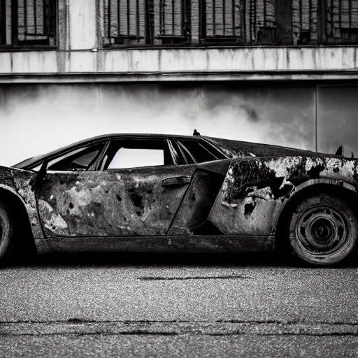 Image similar to black and white press photograph of a rusted abandoned lamborghini on a busy city street, sideview, detailed, natural light, mist, film grain, soft vignette, sigma 5 0 mm f / 1. 4 1 / 1 0 sec shutter, imax 7 0 mm footage