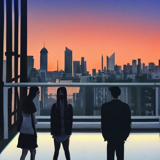 Prompt: a small rooftop with a couple of modern teenagers, standing and talking to each other, wearing black modern clothes, modern shanghai bund is on the background, sunset, by gregory crewdson, by asher brown durand, by thomas kinkad