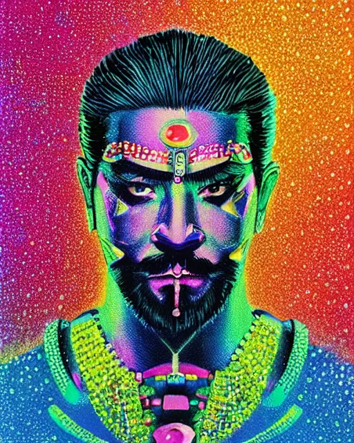 Prompt: flamboyant bling rhinestones & lame hardman ronin samurai grizzled unshaven Toshiro Mifune fullwide angle warrior stance, Swarovski dot pointillist oilpastels black paper, detailed art graphic art poster by Felipe Pantone