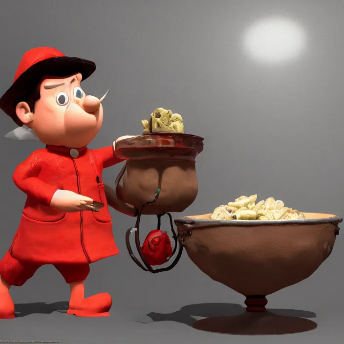 Prompt: postman pat devouring a bowl of worms, unreal engine, c 4 d, maya, museum ink painting, smooth, natural background, cinematic lighting, 8 k, artstation, concept art, aesthetic