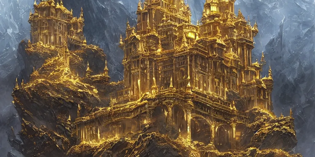 Prompt: rendered ominous ornate obsidian castle with gold filigree on high cliffs with rivers and waterfalls of glowing melted gold. by krenz cushart and by magali villeneuve. power and beauity.