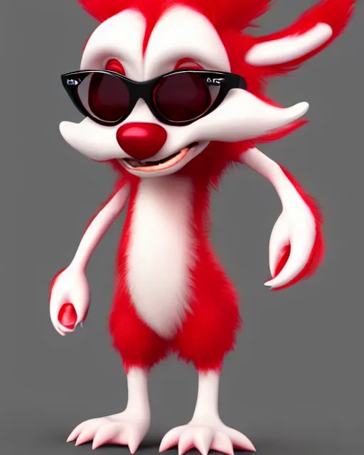 Image similar to 3 d render of completely red hairy friendly antropomorphic cartoony creature wearing white ray - ban shades, full body, simple, grin instead without a nose, cute, white background, unreal engine 5 hdr