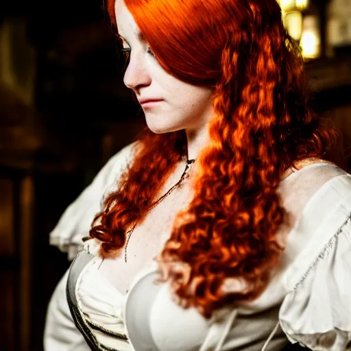 Image similar to beautiful bar maid with auburn hair, in a medieval tavern, dramatic, cinematic, filmic, 7 5 mm, f / 1. 8