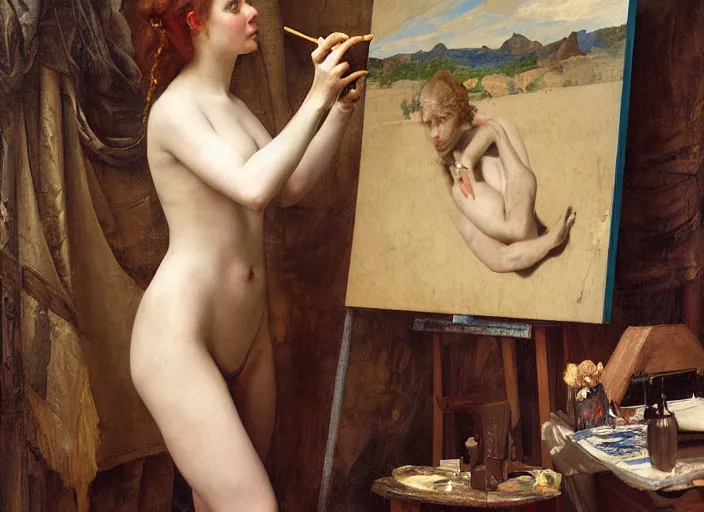 Image similar to a painter in his studio painting a picture of belle delphine by edgar maxence and caravaggio and michael whelan and delacroix style, artistic, intricate painting, cinematic lighting, hyper realistic, extremely detailed, establishing shot, 8 k resolution, dramatic lighting