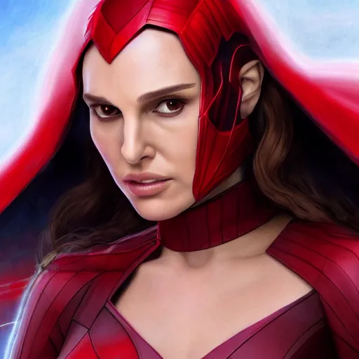 Image similar to Natalie Portman as scarlet witch from MCU, highly detailed, artstation, 8K HDR, sunset.