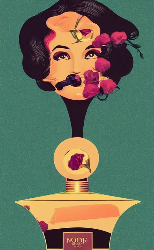 Prompt: illustration, close - up photo with beautiful bottle of perfume near nose, sniffing the aroma, an art deco painting by tom whalen, trending on behance, art deco, digital illustration, storybook illustration, grainy texture, flat shading, vector art, airbrush, pastel, watercolor, poster