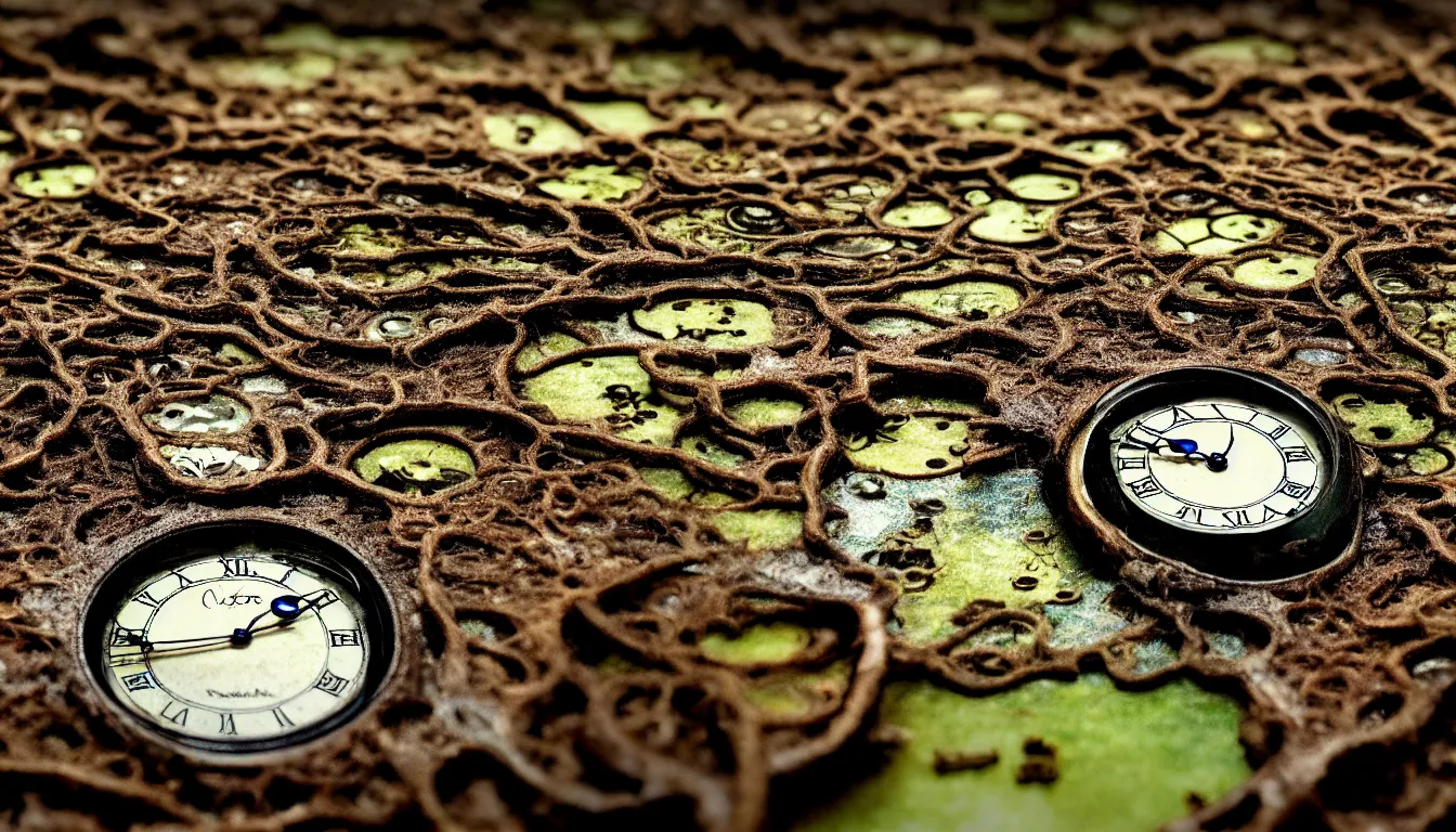 Prompt: detailed view from inside wet ink a clockwork watch landscape, entangled roots covered in mushrooms, cracked earth, living spore microorganisms, decaying, rusty, hyper realistic photo, full colour, upscale, 8 k