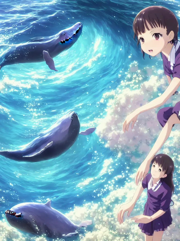 Image similar to a panorama view under the water, anime art full body portrait character concept art, hyper detailed cg rendering of a cute girl and whale, anime key visual of children of the sea, finely detailed perfect face, style of raphael lacoste, makoto shinkai, violet evergarden, studio ghibli, james jean, hayao miyazaki, extremely high quality artwork