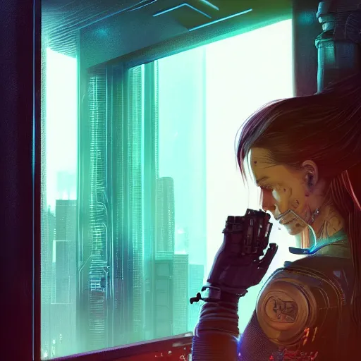 Image similar to portrait of cyberpunk woman looking out of a window, cyberpunk setting, futuristic, highly detailed, intricate lighting, digital painting, sharp focus, illustration, trending on artstation, art by ufotable.