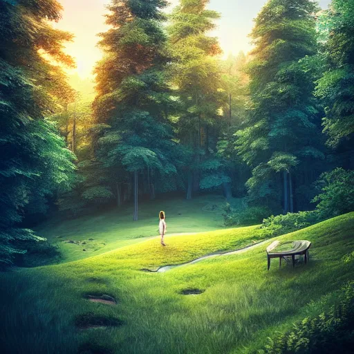 Prompt: beautiful landscape, home on the top of a hill surrounded by trees, natural lighting, 35mm photography, artgerm, cgsociety, warm lighting