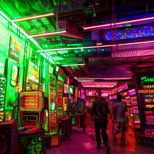 Prompt: cyberpunk black indian market, indoor in the style of blade runner, stands illuminated by greens neon lights, crowded with cyborgs photorealistic, 3 5 mm, grainy ruined film, dark color scheme, ray tracing, unreal engine, 4 k