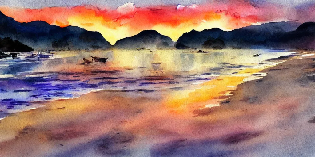 Prompt: tata beach, golden bay new zealand, abel tasman, amazing sunset watercolor painting, trending on artstation