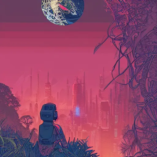 Image similar to Stunningly intricate illustration of single cyberpunk explorer overlooking lush forest, highly detailed, midnight, small glowing orbs by Josan Gonzalez and James Gilleard , Moebius, Laurie Greasley