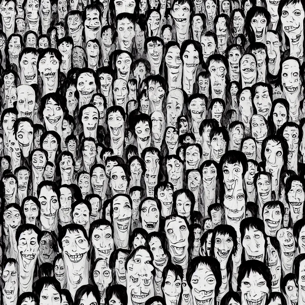Image similar to portrait photo of a human with an absurdly long face and multiple sets of mouths stacked on top of each other, illustrated by junji ito