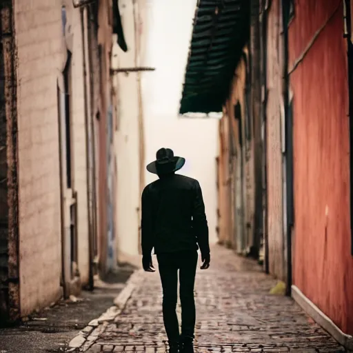 Prompt: photo extreme long shot of invisible manwearing clothes and hat in a back street, cinematic, depth of field, bokeh, atmospheric, 8k, trending on artstation