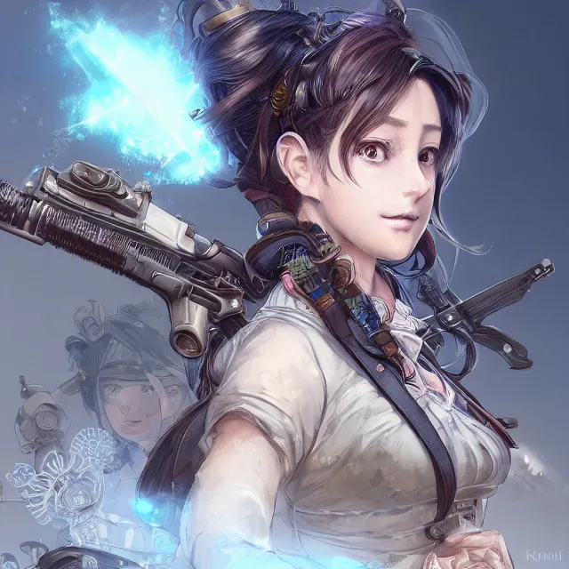 Image similar to the portrait of lawful neutral semi - colorful female infantry gunner as absurdly beautiful, gorgeous, elegant, young anime girl, an ultrafine hyperdetailed illustration by kim jung gi, irakli nadar, intricate linework, bright colors, octopath traveler, final fantasy, unreal engine 5 highly rendered, global illumination, radiant light, detailed and intricate environment