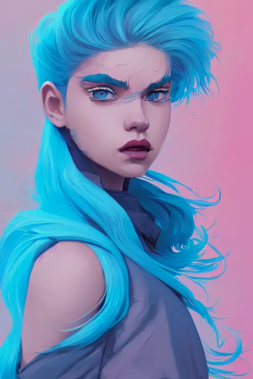 Prompt: portrait painting of a teenage girl with swept back wild blue hair, fashionable, windy, sharp focus, award - winning, cinematic pose, cinematic lighting, trending on artstation, masterpiece, highly detailed, intricate. art by josan gonzales and moebius and deathburger