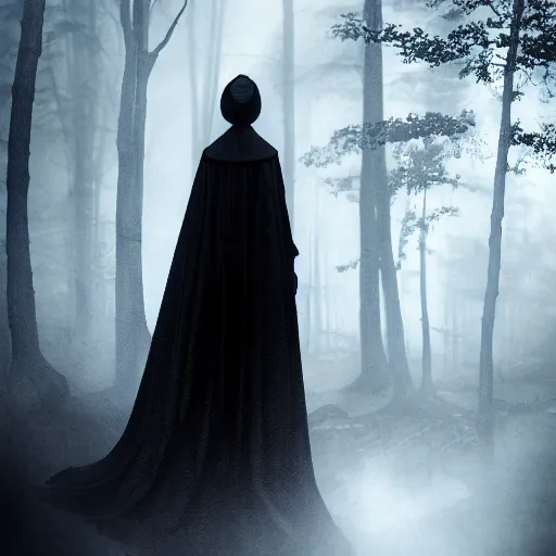 Image similar to a high detailed photo of a lady in a dark cloak suspended in mid air, seen from behind, ancient forest, mist, 35mm, photorealistic, realistic, deviantart, gloomy atmosphere, high definition