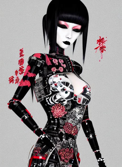 Image similar to full body portrait of a gothic style punk geisha robot with kanji tattoos and decals wearing a digital pixelated kimono, intricate design, photo - realistic, octane render, dark colour palette, ultra fine detailed, character design, trending on artstation