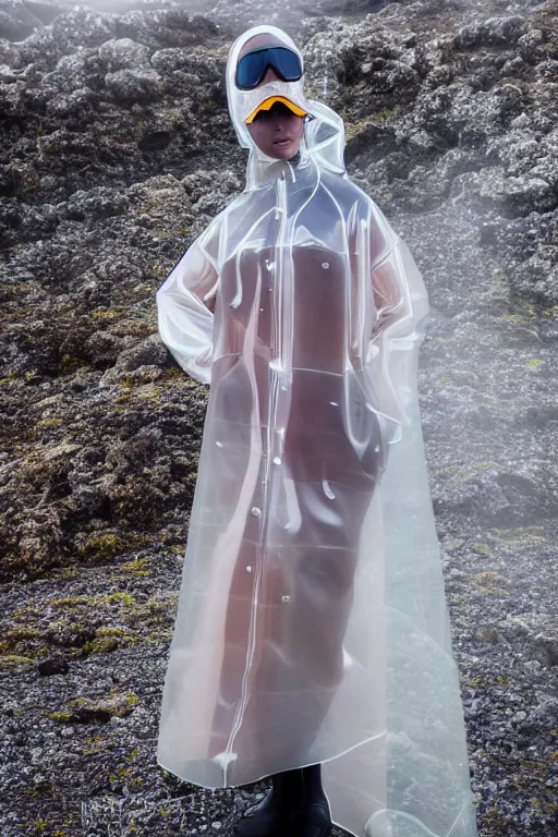 Image similar to an ultra high definition professional high fashion portrait studio full length photograph of a model wearing a transparent pearlescent raincoat and neon visor in an icelandic black rock environment at dawn. no artefacts. extremely detailed. stark. shallow depth of field. volumetric light and shadow. ray tracing. light ray.