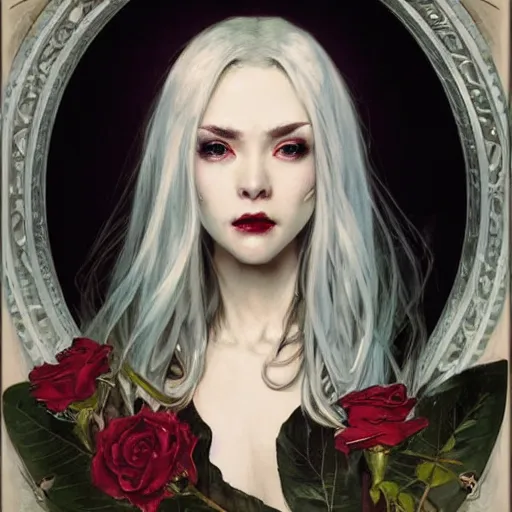 Prompt: portrait of a menacing beautiful vampire, top half of body, by Stanley Artgerm Lau , greg rutkowski, thomas kindkade, alphonse mucha, loish, norman rockwell, J. C. Leyendecker. bright white hair, pale skin, angry complexion, beautiful detailed eyes, black rose frame. D&D, fantasy. Trending on artstation rule of thirds extremely detailed old illustration hd 4k