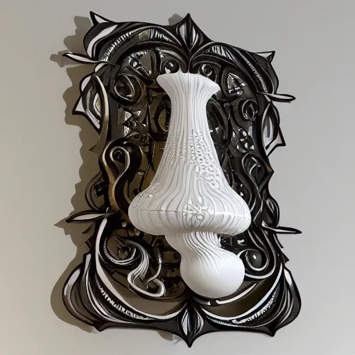 Prompt: wide symmetrical art nouveau wall light with filigree faberge orchid betta spiral mushrooms forest organic natural forms designed by giger, white 3 d print, 8 k, octane render