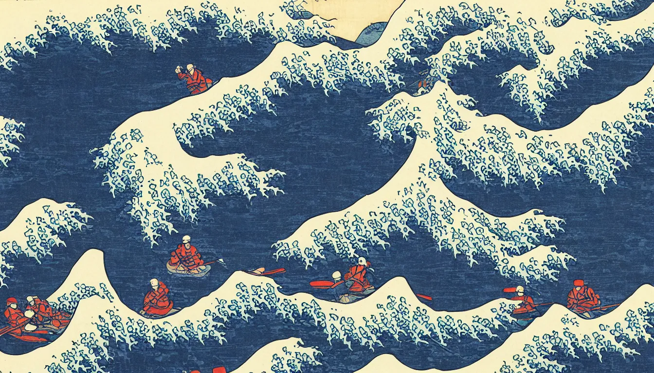 Image similar to river rafting over great wave by hokusai