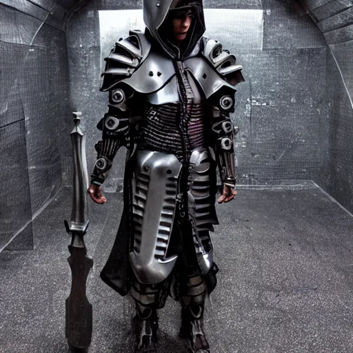 Image similar to cyberpunk crusader, armor on arms and legs, huge biomechanical axe on shoulder, wearing hoodie, crusader helmet under hood