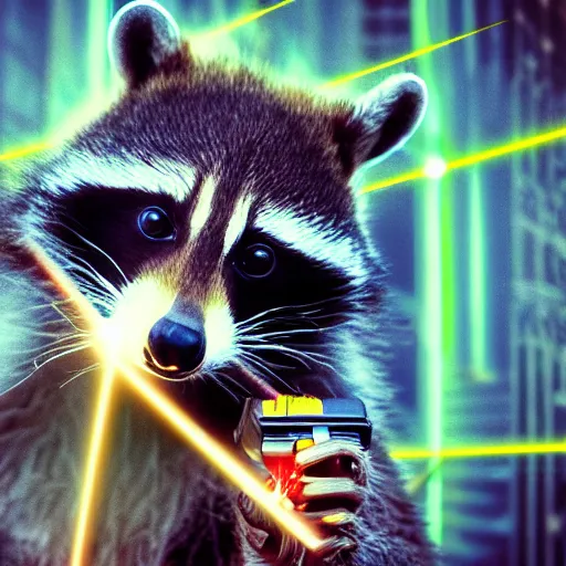 Image similar to racoon holding a laser gun, digital art , centred award winning 4K