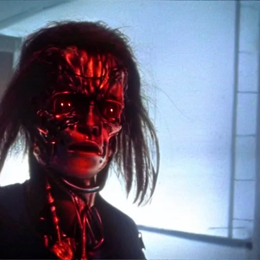 Prompt: long haired cyborg with damaged face. Cinematic lighting. Still from Terminator 2 ending scene