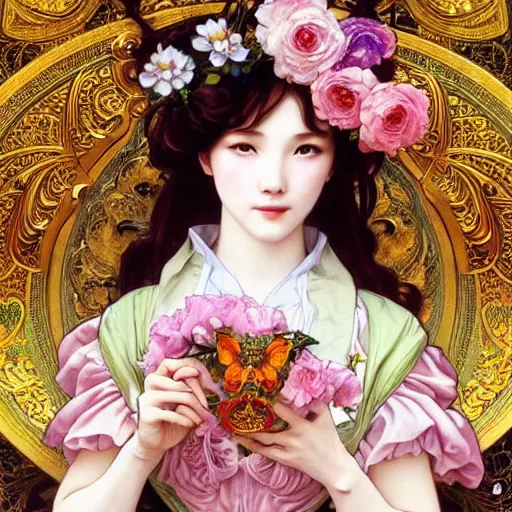 Image similar to a masterpiece ultrarealistic ultradetailed portrait of beautiful love girl maid lady baroque renaissance. medium shot, intricate, elegant, by stanley artgerm lau, wlop, alphonse mucha, rossdraws, andrei riabovitchev, yoshitaka amano. flower background my james jeand and takashi murakami.