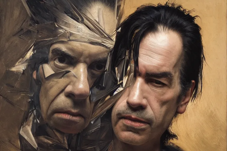 Prompt: a portrait of nick cave, masterpiece, dramatic lighting, painting by caravaggio and ruan jia and daytoner and jakub rebelka and szukalski