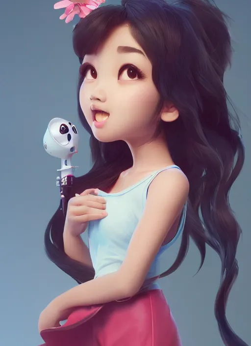 Image similar to a cute asian girl singing, flowing hair in the style of pixar animation, full body shot, viewed from bellow, award winning, hyper detailed, studio lighting, artstation, octane renderer, unreal engine