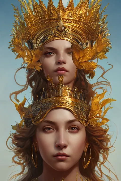 Image similar to goddess of the golden crown, highly detailed, digital painting, artstation, concept art, smooth, sharp focus, illustration, unreal engine 5, 8 k, art by artgerm and greg rutkowski and edgar maxence
