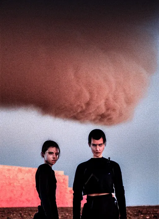 Image similar to cinestill 5 0 d photographic portrait of two loving female androids wearing rugged black techwear on a desolate plain with a red sky in front of a brutalist structure, extreme closeup, cyberpunk style, dust storm, 8 k, hd, high resolution, 3 5 mm, f / 3 2, ultra realistic faces, ex machina