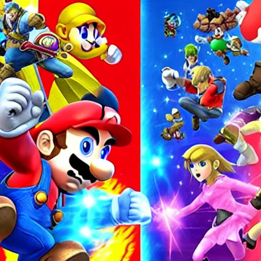 Image similar to super smash bros movie poster. 3d rendered. unreal engine.