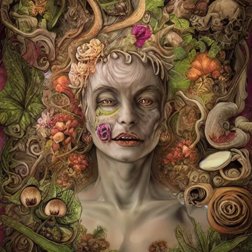 Image similar to a beautiful detailed front view rococo portrait of a rotten woman corpse becoming almost a skull with face muscles, veins, arteries, fractal plants and fractal flowers and mushrooms growing around, intricate, ornate, volumetric light, beautiful lit, beetlejuice