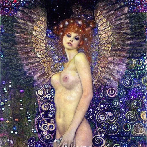 Prompt: dreamy angels, full clothes, cybernetic, in the cosmos, intricate detail, klimt, royo,